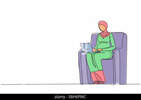 Continu une ligne dessinant une femme enceinte arabe en bonne santé assise sur un canapé à la maison travaillant sur son ordinateur portable pendant son congé de maternité avant de donner birt Illustration de Vecteur