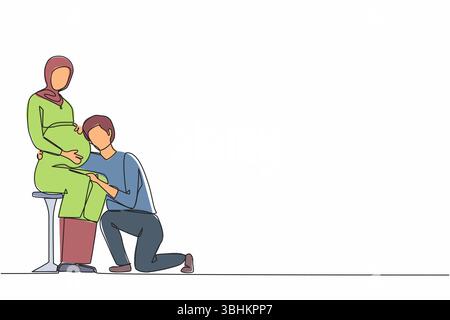 Simple une ligne dessinant mari agenouillé et écoutant son ventre de femme enceinte arabe, attendant un nouveau-né. L'homme embrasse la femme enceinte. Continue Illustration de Vecteur