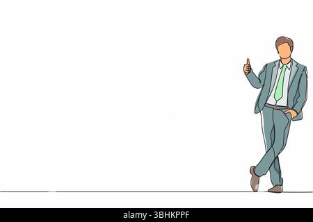 Continu d'une ligne dessinant l'homme d'affaires excité habillé en vêtements formels montrant les pouces vers le haut signe et s'appuyant contre le mur. Traitez, acceptez, approuvez Illustration de Vecteur