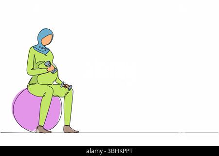 Ligne continue unique dessinant de beaux exercices de femme enceinte arabe avec fitball s'entraînant avec des poids légers dans la salle de gym. fitness, grossesse co Illustration de Vecteur