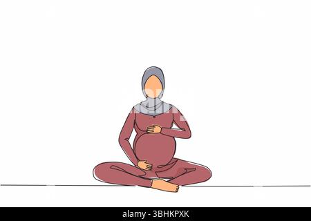 Continue d'une ligne dessinant une femme enceinte arabe heureuse assise avec les jambes croisées à la maison et regardant son ventre. Future maman attendant bébé caressant Illustration de Vecteur