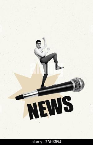 Affiche d'illustration de tendance composite croquis image collage de jeune gentleman sourire stand énorme microphone propagande presse des informations trompeuses Banque D'Images