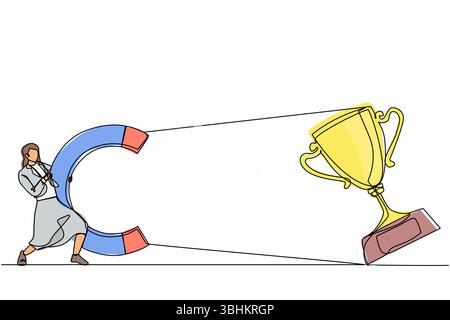 Ligne continue unique dessinant jeune femme d'affaires attirant grand trophée avec aimant énorme. Signe de victoire. Succès, réalisation, concept d'objectifs d'affaires. Illustration de Vecteur