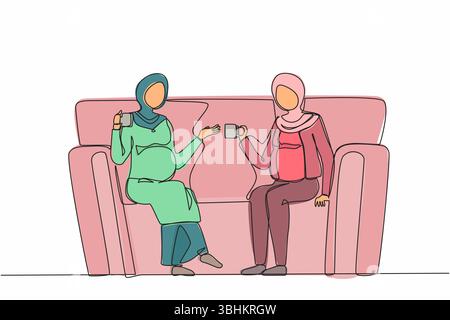 Une seule ligne continue dessinant deux filles enceintes arabes sont assises sur le canapé. Ils boivent du thé, parlent, partagent des secrets. Amis, voisins. Soirée confortable w Illustration de Vecteur
