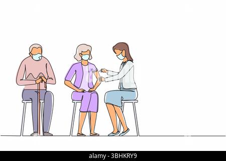 Vaccination monofilaire continue du sujet âgé. Illustration moderne de vecteur de femme senior et médecin avec seringue. Immunité, immunisation, Illustration de Vecteur