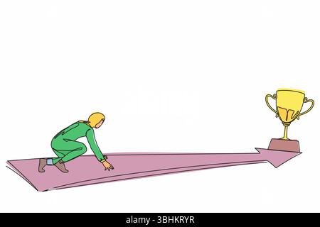 Simple ligne continue dessinant vue latérale femme d'affaires arabe prête à courir pour trophée à la fin de la route. Vision mission et objectif de l'entreprise. Course féminine Illustration de Vecteur