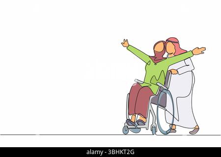 Une seule ligne continue dessinant femme arabe handicapée heureuse en fauteuil roulant sur la marche avec son mari aimant à l'extérieur, passant du temps ensemble. Co. Altérée Illustration de Vecteur