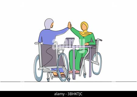 En continu, une ligne dessinant deux femmes arabes handicapées donne haut cinq collègues. Employé de bureau assis dans la joie en fauteuil roulant. Collègue célébrant sa réussite Illustration de Vecteur