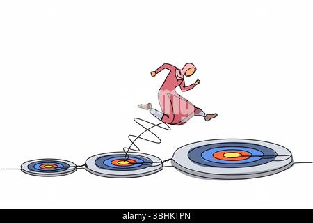 Ligne continue unique dessinant femme d'affaires arabe sautant sur une cible plus grande, avec succès. Avancement dans la carrière ou concept de croissance d'entreprise. Aspirat Illustration de Vecteur