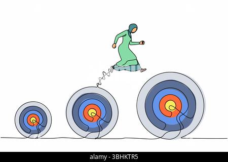 Ligne continue unique dessinant femme d'affaires arabe sautant vers le haut des objectifs de carrière cibles plus élevés. La métaphore de la prochaine cible de l'entreprise. Planification et réussite Illustration de Vecteur