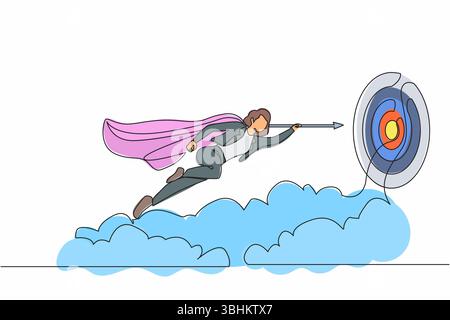Ligne continue unique dessinant superhéros femme d'affaires volant avec flèche vers l'avant à l'objectif pour atteindre le succès. Puissance leadership ambition et réalisation Illustration de Vecteur