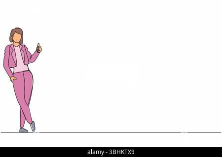 Continue d'une ligne dessinant une femme d'affaires excitée habillée en vêtements formels montrant le signe pouces vers le haut et appuyée contre le mur. Donne, comme, d'accord, appro Illustration de Vecteur