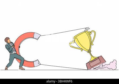 Simple ligne continue dessinant homme d'affaires attirant grand trophée avec aimant énorme. Signe de victoire. Succès, réalisation, concept d'objectifs d'affaires. Dynamique Illustration de Vecteur