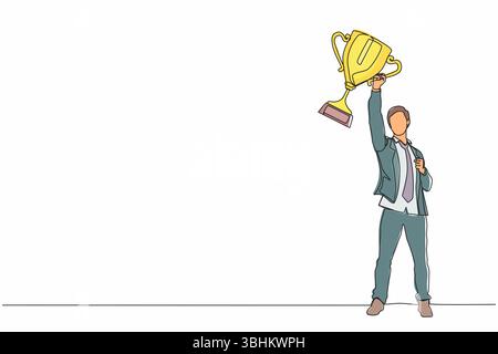 Simple ligne continue dessinant homme d'affaires avec trophée debout avec les bras levés dans l'air. Homme célébrant son prix d'affaires. Gagnant et atteignant g Illustration de Vecteur
