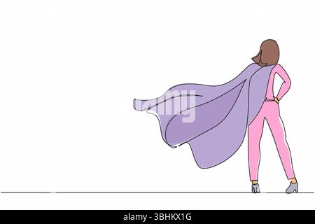 Ligne continue unique dessinant arrière vue confiante femme d'affaires debout en costume et cape. Entrepreneur de super héros réussi. Leadership, réalisateurs Illustration de Vecteur