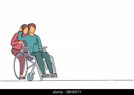 Simple une ligne dessinant homme assis dans un fauteuil roulant tandis que la femme se tenant derrière et l'embrassant. Femme soutenant le mari pendant la rééducation. Relation Illustration de Vecteur