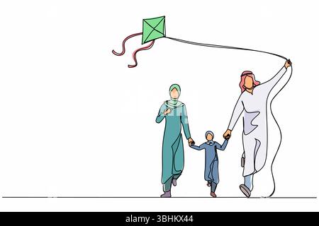 Simple une ligne dessinant week-end en famille arabe avec parents et enfant marchant dans le parc. Amusez-vous en famille, reposez-vous dans la nature en vacances. Papa, maman, fille Illustration de Vecteur