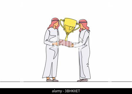 Une seule ligne continue dessinant le gagnant d'homme d'affaires arabe obtenant le premier prix. Mâle donnant la coupe d'or à l'homme d'affaires. Victoire, leadership, réussite Illustration de Vecteur