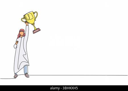 Continu une ligne dessinant homme d'affaires arabe avec trophée debout avec les bras levés dans l'air. Homme célébrant son prix d'affaires. Gagnant et portée Illustration de Vecteur