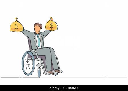 Simple une ligne dessinant homme d'affaires tenant un sac d'argent dollar. Prestations d'assurance invalidité pour homme handicapé en fauteuil roulant. Programme de protection. C Illustration de Vecteur