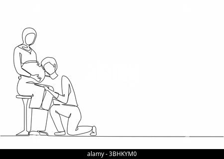 Simple une ligne dessinant mari agenouillé et écoutant son ventre de femme enceinte arabe, attendant un nouveau-né. L'homme embrasse la femme enceinte. Continue Illustration de Vecteur