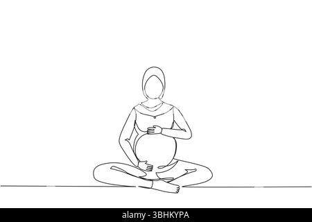 Continue d'une ligne dessinant une femme enceinte arabe heureuse assise avec les jambes croisées à la maison et regardant son ventre. Future maman attendant bébé caressant Illustration de Vecteur