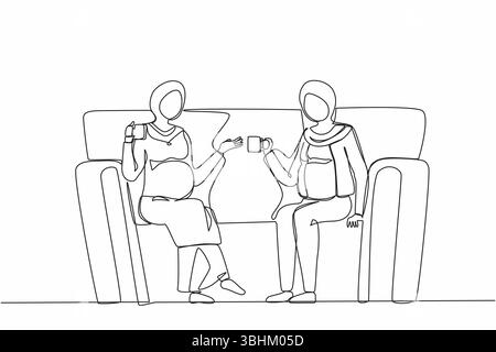 Une seule ligne continue dessinant deux filles enceintes arabes sont assises sur le canapé. Ils boivent du thé, parlent, partagent des secrets. Amis, voisins. Soirée confortable w Illustration de Vecteur
