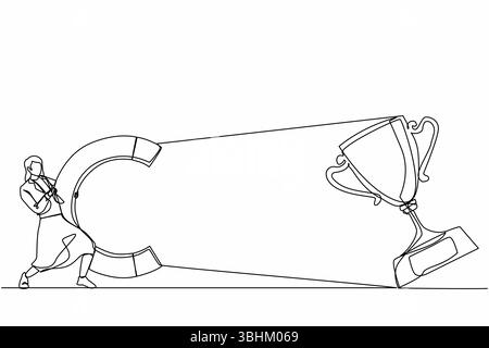 Ligne continue unique dessinant jeune femme d'affaires attirant grand trophée avec aimant énorme. Signe de victoire. Succès, réalisation, concept d'objectifs d'affaires. Illustration de Vecteur