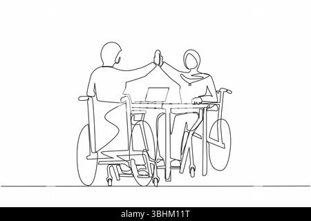En continu, une ligne dessinant deux femmes arabes handicapées donne haut cinq collègues. Employé de bureau assis dans la joie en fauteuil roulant. Collègue célébrant sa réussite Illustration de Vecteur