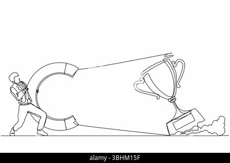 Simple ligne continue dessinant homme d'affaires attirant grand trophée avec aimant énorme. Signe de victoire. Succès, réalisation, concept d'objectifs d'affaires. Dynamique Illustration de Vecteur