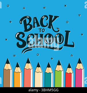 affiche de retour à l'école avec des crayons de couleur illustration vectorielle plate. Illustration de Vecteur
