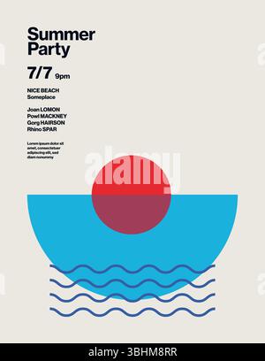 Modèle d'affiche vectorielle de fête d'été ou de festival de musique avec la mer, l'océan et le coucher du soleil. Conception minimale eps10 illustration Illustration de Vecteur