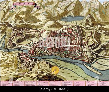 Carte antique d'Ivrée, Italie, représentant les fortifications, les bâtiments, la rivière Dora Baltea, et les collines environnantes, révélant l'urbanisme historique. S Banque D'Images
