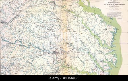 Carte vintage de l'époque de la guerre de Sécession représentant le paysage de Virginie du Sud-est, mettant en évidence Fort Monroe, les réseaux de transport et les caractéristiques géographiques dans Un Banque D'Images