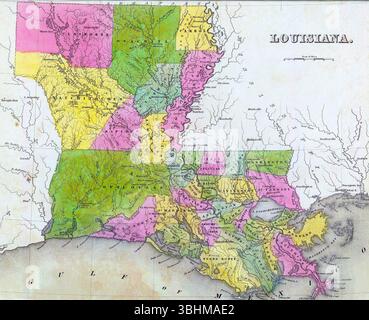 SEATTLE - 11 septembre 2022 - cette carte colorée à la main représente l'état de louisiane tel qu'il était en 1818, montrant les limites et les colonies paroissiales Banque D'Images