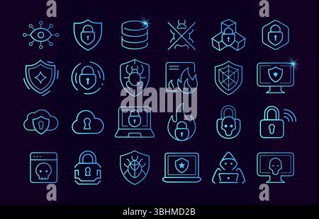 Jeu d'icônes bleues de cybersécurité. Réseau informatique du système numérique de sécurité. Attaques de données protéger les symboles, les signes de pare-feu. Dispositif de verrouillage et de protection de conduite. Confidentialité sécurisée Illustration de Vecteur