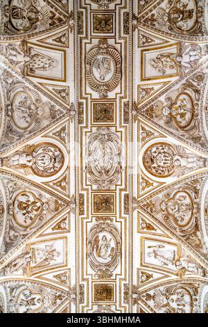 Cordoue, Cordoue - Espagne - 04-08-2024 : superbes détails de plafond à l'intérieur de la cathédrale de Mezquita, avec des motifs ornés et une signification religieuse. Banque D'Images