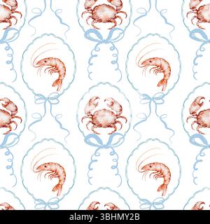 Motif sans couture de crabe aquarelle avec des éléments marins Banque D'Images