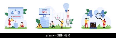 Panne réseau, 404 et 403, type d'erreur 505 défini. Minuscules personnes tenant le message d'avertissement du système de cybersécurité sur le problème de l'accès à la page Web brisée et l'illustration vectorielle de dessin animé de serveur Illustration de Vecteur