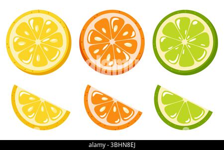 Ensemble de tranches d'agrumes avec citron, orange et citron vert en forme de coins et ronds. Illustration vectorielle de dessin animé sur fond blanc Illustration de Vecteur