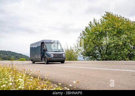 Classe industrielle populaire électrique compacte grise mini fourgonnette utilitaire commerciale pour une utilisation pour les petites entreprises et les livraisons locales fonctionnant sur la route locale Banque D'Images