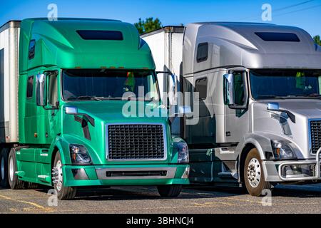 Transporteurs commerciaux camions semi-remorques gros engin vert et gris avec semi-remorques de fourgonnettes sèches debout en rangée sur le parking d'arrêt de camions conformément au journal b. Banque D'Images