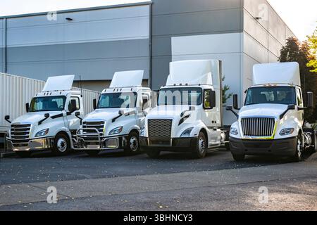 Transporteurs commerciaux cabine de jour blanche Big Rig semi-camions tracteurs sans semi-remorques debout dans la rangée sur le parking de l'entrepôt selon le journal de bord Wai Banque D'Images