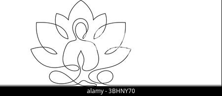 femme sereine yoga méditation saine et bien-être une ligne dessinant un contour continu à la main dessinée avec fleur de lotus décoratif fleuri Illustration de Vecteur