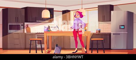 Femme de dessin animé dans la cuisine avec pot couché sur le sol - personnage féminin se tient près de la table en bois, batterie de cuisine tombée ci-dessous. Intérieur moderne avec armoires sombres, ustensiles de cuisine et équipement pour les scènes de cuisine. Illustration de Vecteur