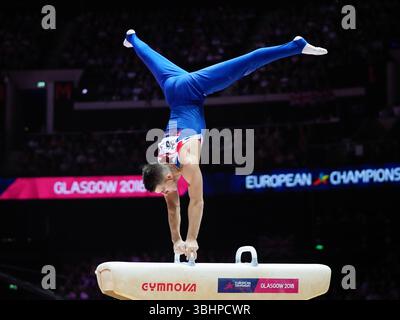Gymnastique - Championnats d'Europe Glasgow 2018 : GLASGOW, ÉCOSSE - 11 AOÛT Max Whitlock (Grande-Bretagne) participe à la finale par équipe masculine le jour 10 des Championnats d'Europe Glasgow 2018 au SSE Hydro le 11 août 2018 à Glasgow, Écosse. Banque D'Images