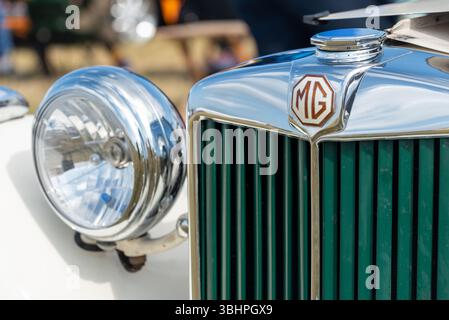 Phare, grille et logo sur une voiture MG vintage. Août 2024. Banque D'Images