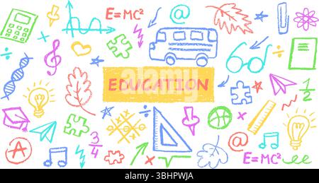 L'école de charbon de bois gribouille sur fond de tableau noir. Icônes amusantes dessinées à la main pour les thèmes de la rentrée scolaire. Signes de crayon pastel colorés pour l'éducation enfantine mignonne Illustration de Vecteur