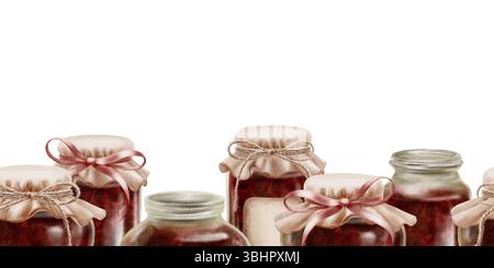 Confiture de cerises dans des pots en verre dans une bordure sans couture avec couvercles vintage en tissu, étiquette avec des rubans et de la ficelle dans un arc. Illustration d'aquarelle dessinée à la main sur un Banque D'Images