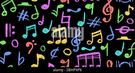 Eléments de musique pop manuscrits. Motif sans coutures de style charbon. Gribouillage notes dans les couleurs arc-en-ciel pour les enfants de la maternelle. Illustration vectorielle d'un Illustration de Vecteur